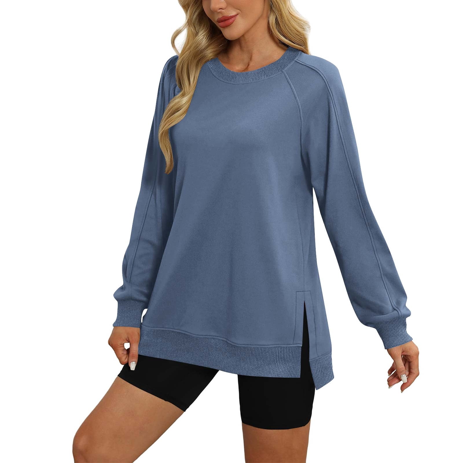 Timegard Sweatshirts for Women Crewneck Side Split Oversized Pullover Fall Winter Long Sleeve Tops