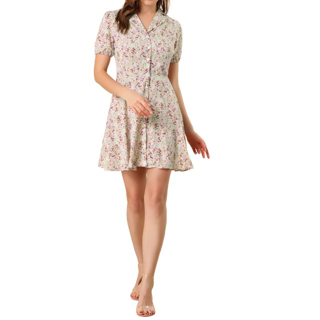 INSPIRE CHIC Robe Trapèze Vintage à Fleurs pour Femme à Manches Courtes, Col de Camp, Boutonnée