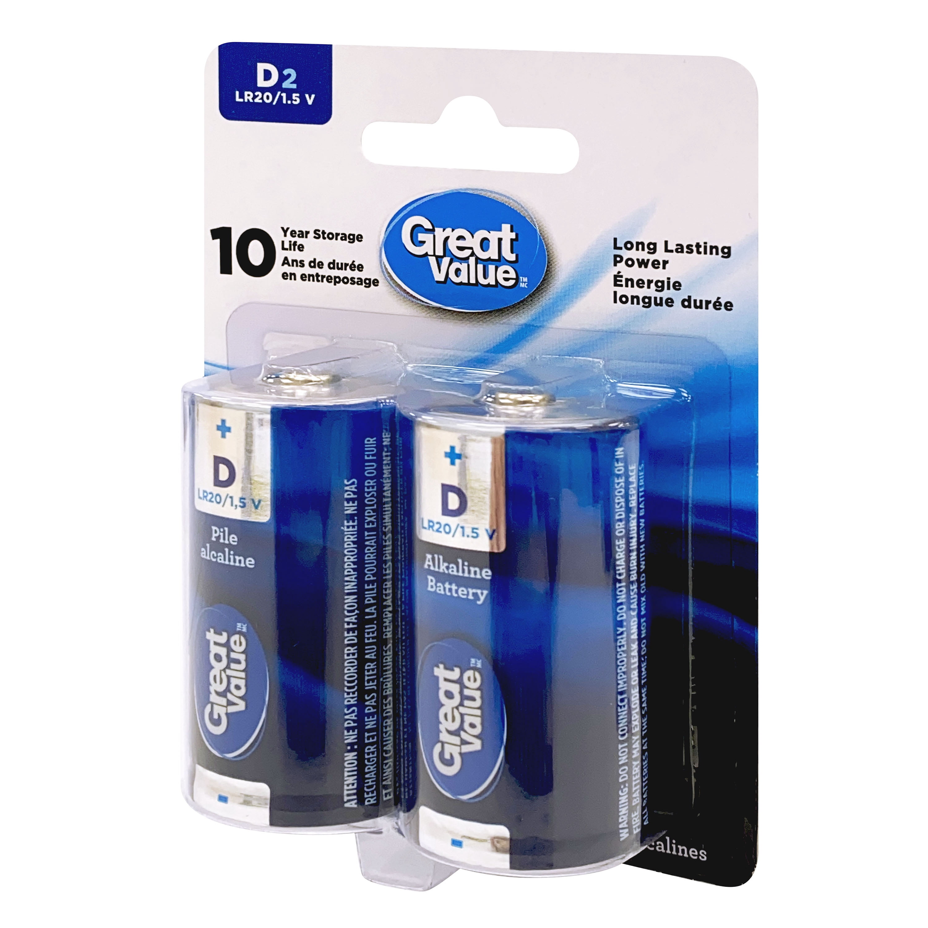 Great Value D LR20/1.5 V Alkaline Batteries 2-Pack, 10-year storage life