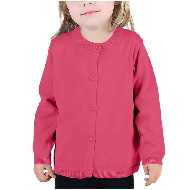 Fall Saving! HVOBTTY Girls Long Sleeve Open Front Cardigan, Girls Crewneck Cardigan Solid Long Sleeve Button Sweater Uniform Sweaters for Little Girls Hot Pink, 6 Years