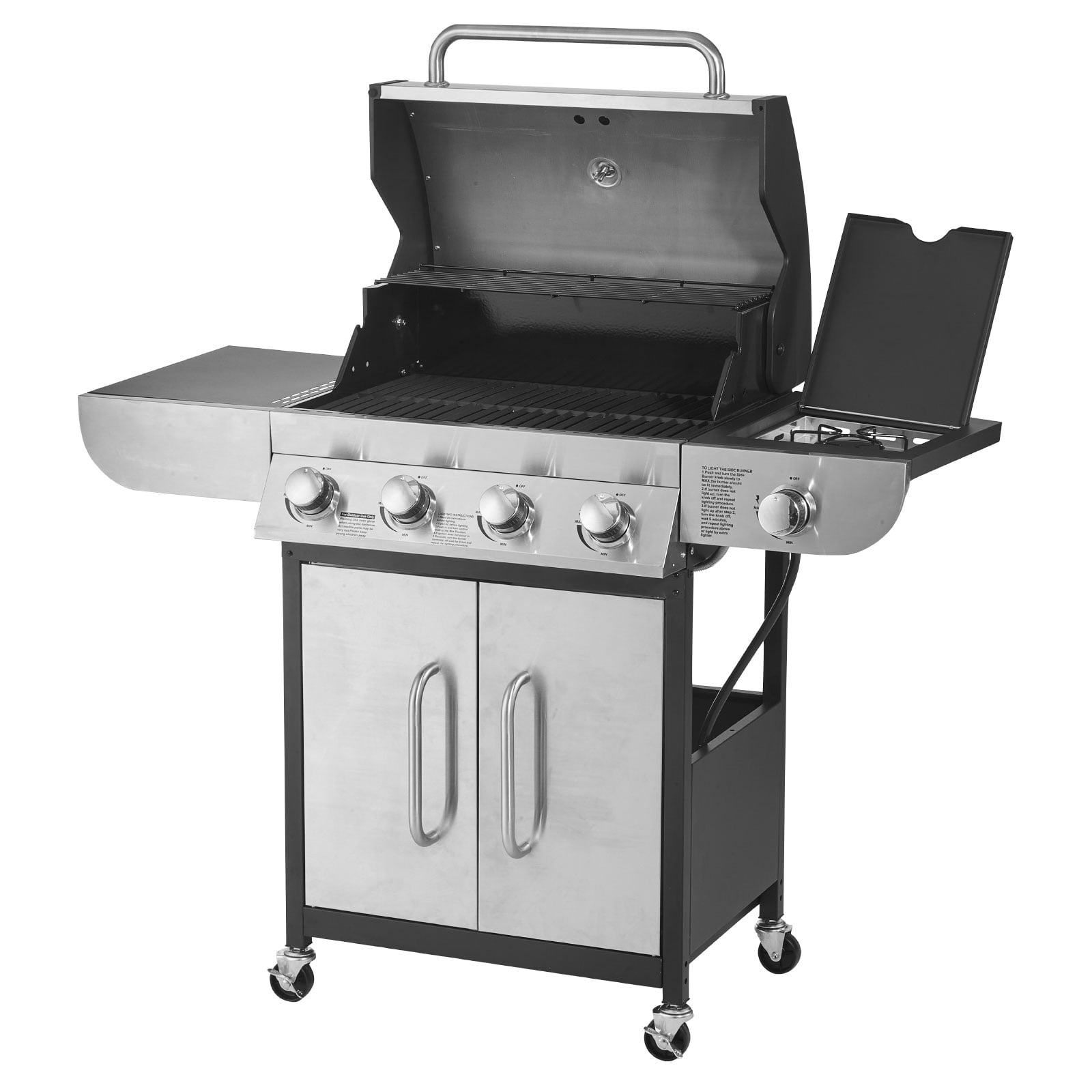 KFFKFF Gas Grill, 4 Burner Propane Gas Grill with Side Burner, 425 SQ.In Grilling Area, Carbon Steel Enamel Grates, Outdoor 52,000 BTU Patio Garden BBQ Grills