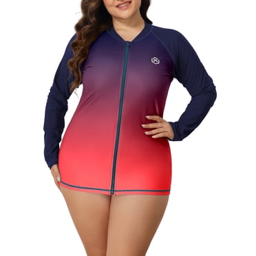 Charmo Womens Plus Size Long Sleeve Rash Guard Top Zipper Sufing Swim Shirt