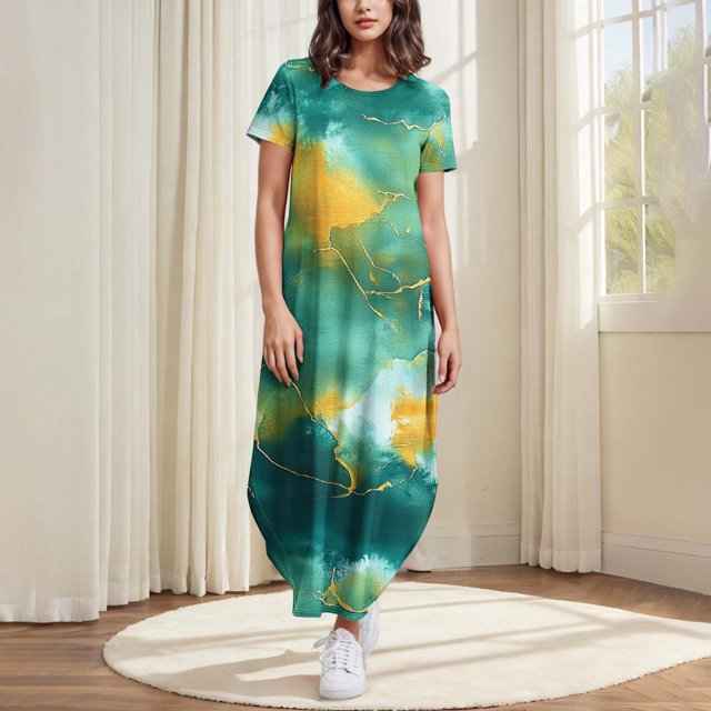 Ovzne Robes pour Femmes Robe Femme Robes pour Femmes Été Décontracté Imprimé Floral Col Rond Manches Courtes Poches Imprimé Robe Longue Robe pour Femmes Manches Courtes Robes Longues Imprimées Liquidation
