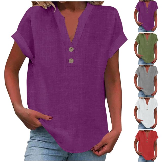 QIPOPIQ Womens Tshirts V Neck Short Sleeve Buttons Tops Tee Solid Color Blouse Loose Fit Clearance