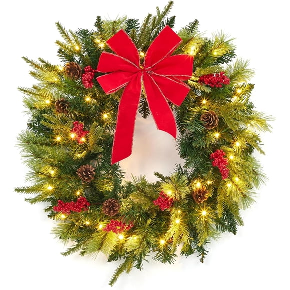 Couronne de Noël Artificielle de 24 Pouces Prééclairée avec 50 Lumières DEL et Grand Nœud Rouge - Pommes de Pin, Grappes de Baies pour Déco des Fêtes Intérieure Extérieure