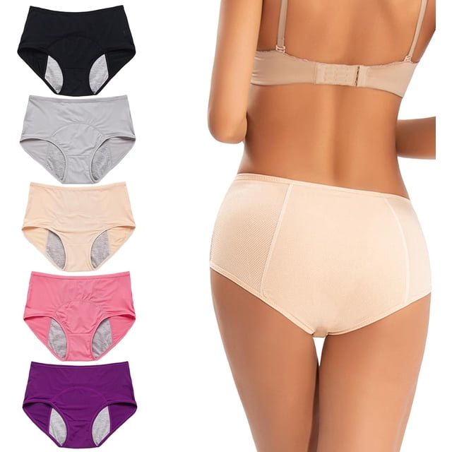 HSHDLDF Culottes Everdries Anti-Fuites pour Plus de 60 Ans, sous-Vêtements Everdries Anti-Fuites pour Femmes Incontinence (5 Pcs 2TG). un Ensemble de Cinq Culottes Taille Haute Anti-Fuites en Diverses Couleurs, Incluant Noir, Gris, beige, Rose et Violet. Fabriquées en Coton Doux et Respirant, Ces Culottes Réutilisables et Lavables Offrent une Couverture Complète et un Soutien, Idéales pour l'Incontinence Ou l'Utilisation pendant le cycle Menstruel. l'Image Montre une Vue Arrière de la Paire beige Portée, à Côté d'Un Affichage des Cinq options de Couleur