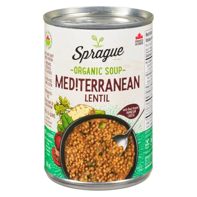 Sprague Organic Mediterranean Lentil Soup in a 398 ml can with a white and green label featuring a bowl of hearty lentil soup with a spoon, highlighting its organic ingredients, ready-to-serve convenience, and real organic Parmesan cheese, ideal for quick nutritious meals.