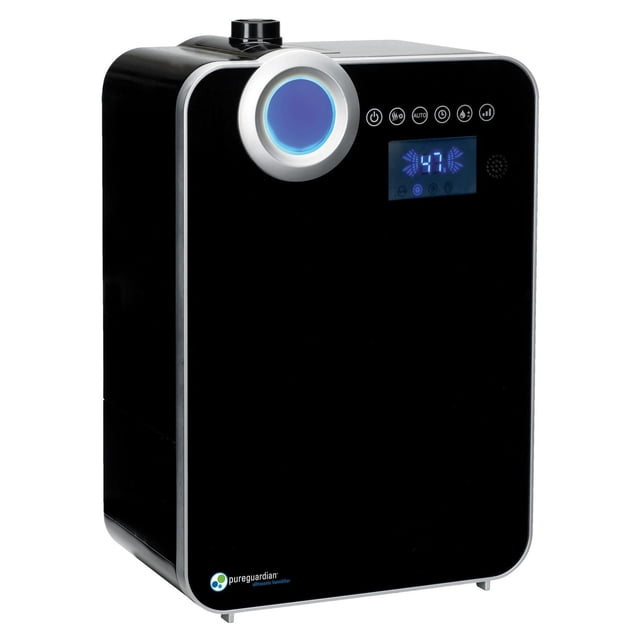 PureGuardian® H8000BCA 120-Hour 2-Gal Smart Mist Ultrasonic Humidifier in black with silver trim, featuring a blue-lit circular control dial, digital display showing humidity level, and touch control icons for power, mist type, auto mode, timer, humidity, and signal strength, equipped with Silver Clean technology and a 2-gallon tank for long runtime, suitable for large and small rooms and ideal for maintaining optimal humidity in home offices.