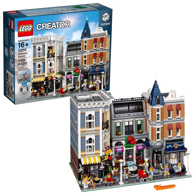 LEGO Creator Expert Assembly Square (10255) three-level modular buildings model with ornate facade and removable sections revealing a bakery, florist and café on the ground floor; music store, photo studio and dental office on the middle level; dance studio, apartment and rooftop terrace; includes eight minifigures and a baby figure; measures over 35 cm high. Often used as a detailed display piece for collectors.