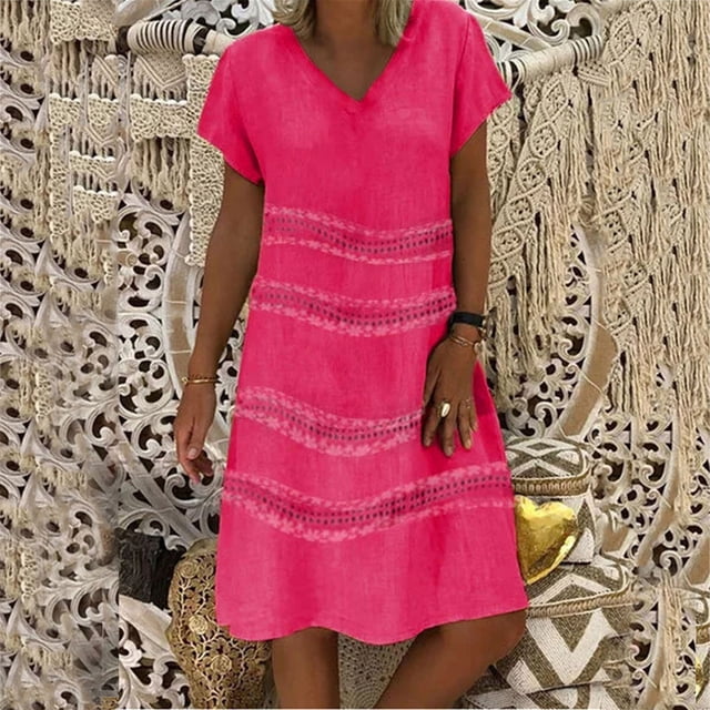 CEHVOM Robe d'Été pour Femmes à Col en V Imprimée à Manches Courtes Robe pour Dames