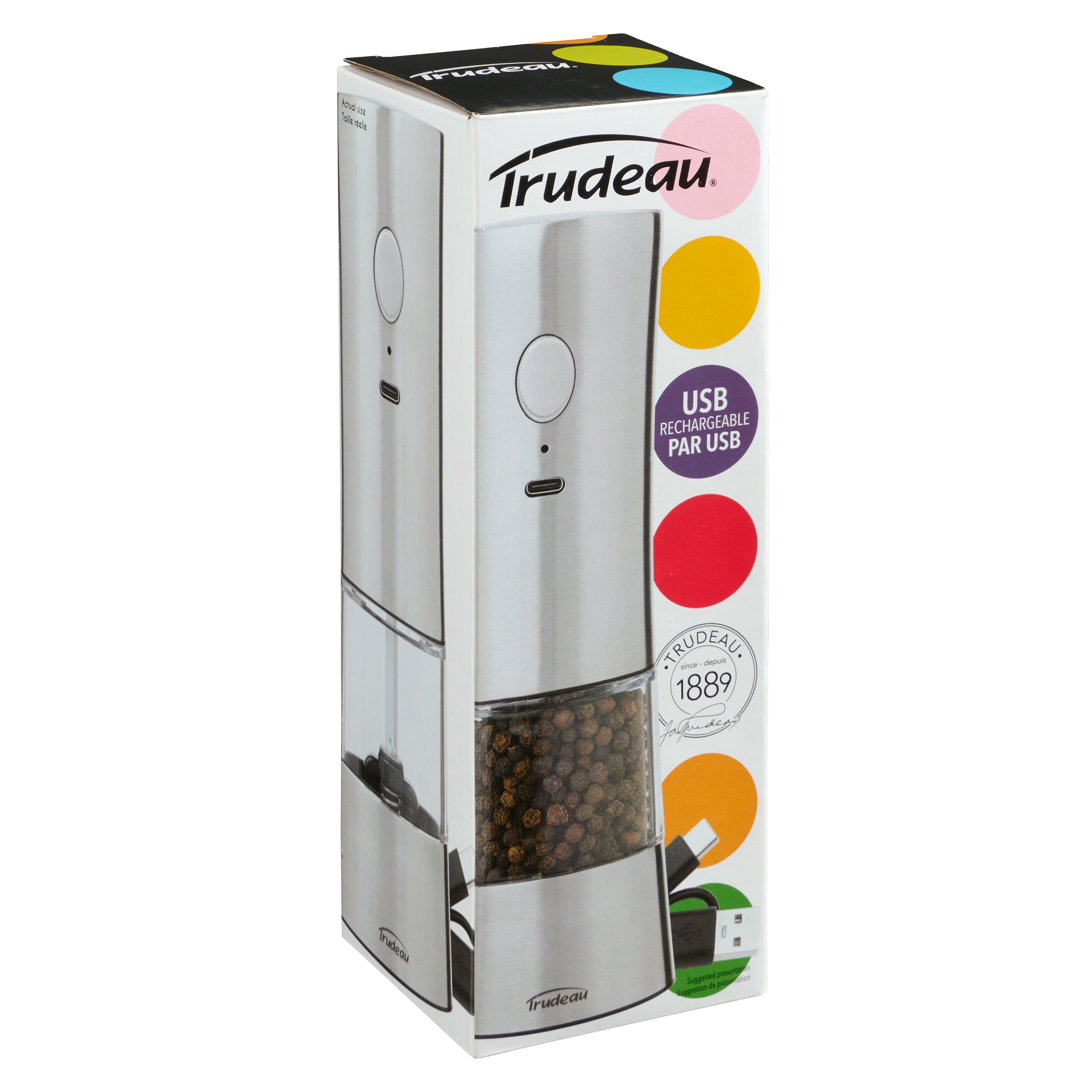 Trudeau 7" EVO USB Rechargeable Electric Stainless Steel Salt or Pepper Mill with one-touch operation, adjustable grind. USB-C charging—no batteries required – Unfilled