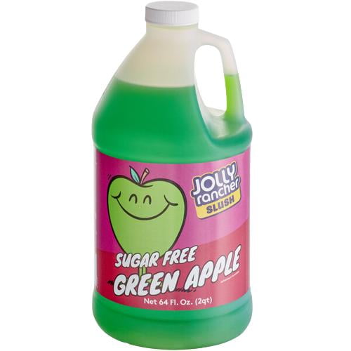 Jolly Rancher 1/2 Gallon Sugar Free Green Apple Slushy 5:1 Concentrate in a resealable plastic jug with a vibrant green liquid. The label features a smiling green apple graphic and bold text indicating the sugar-free green apple flavor. Ideal for making approximately 33 servings of 12 oz. slushies by mixing 1 part concentrate with 5 parts water. Suitable for use in granita or slushy machines, perfect for parties, restaurants, or summer refreshments.