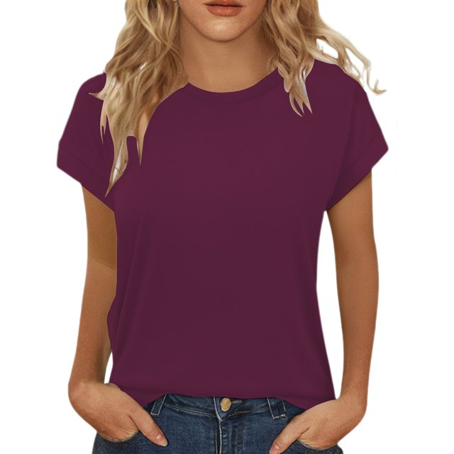Charmgo Hauts pour Femmes Hauts d'Été pour Femmes Chemises à Manches Courtes Col Rond Tunique Mignonne et Tendance Blouses Sorties Hauts Grande Taille pour Femmes Vin TG