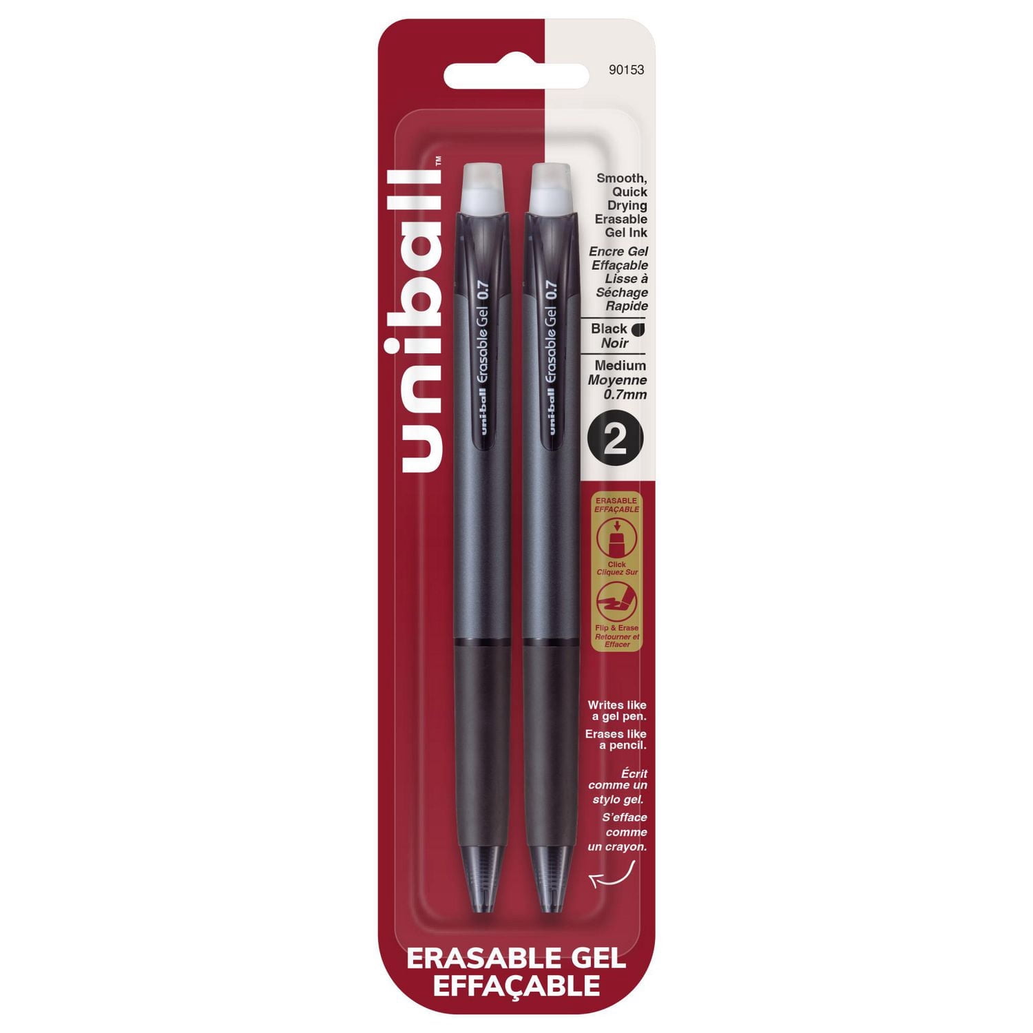 uniball™ Erasable Gel Retractable Pens, Medium Point (0.7mm), Black, 2 Pack