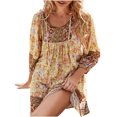 thumbnail image 1 of Babysbule Robes d'Été pour Femmes Liquidation Mode pour Femmes Bohème Col en V Ample Manches 3/4 Imprimé Robe Courte, 1 of 9