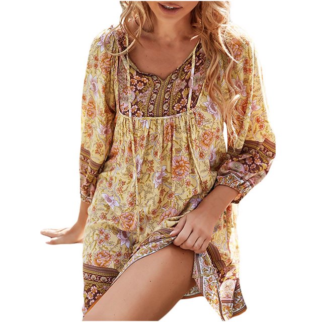 Babysbule Robes d'Été pour Femmes Liquidation Mode pour Femmes Bohème Col en V Ample Manches 3/4 Imprimé Robe Courte
