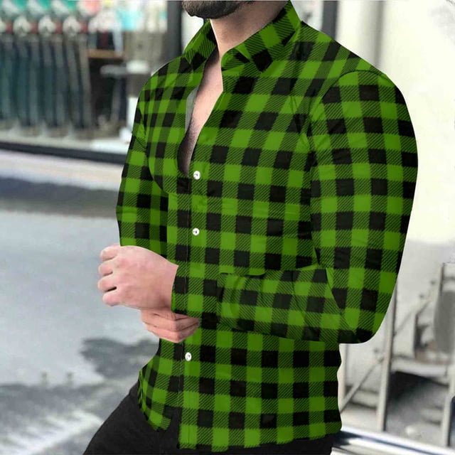 Timdgard Button down Shirts for Men Fall Plaid Lapel V Neck Long Sleeve Shirts Work Casual Tops