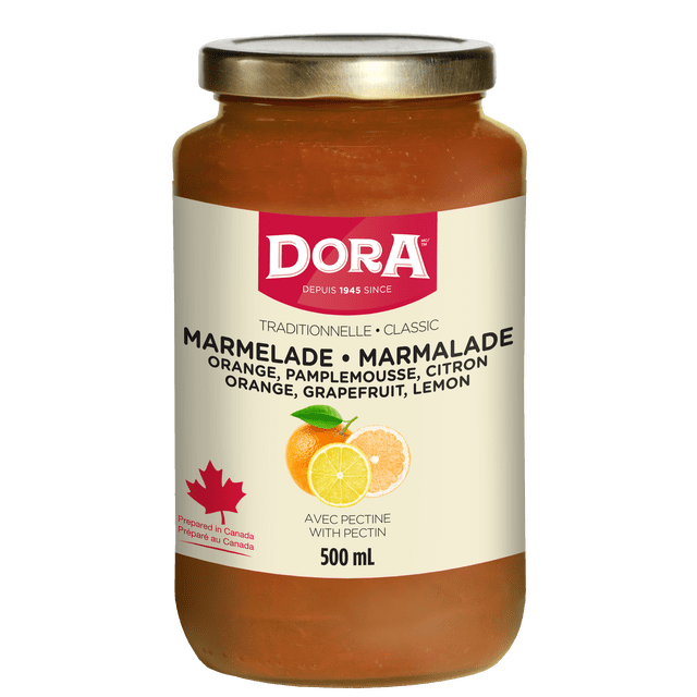 Dora Marmalade Traditional Orange Lemon Grapefruit amber citrus preserve with visible peel pieces; traditional family recipe from Sainte-Anne-des-Plaines, Quebec, made with real fruit, plant based, without gluten, artificial colors and flavors. Ideal as a breakfast spread or on cheese platters, and suitable for glazing pastries.