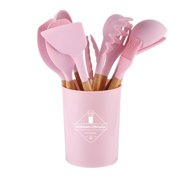 Set Kitchenware Kit Silicone Cookware Set Wood Handle Non Stick with Container