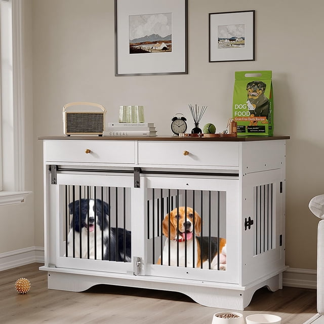 BeesClover Large Dog Furniture Crate, 47 Inch Furniture Style Dog Crate with Removable Divier for Large/Medium/Small Dogs,White