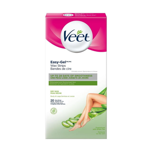 Veet Easy-Gel Wax Strips for Legs and Body for dry skin, in a pink and white box with the Veet logo, offering up to 28 days of smooth, exfoliated, and moisturized skin. Includes 20 wax strips and 2 Perfect Finish wipes, fragranced with green tea, with an image of smooth female legs resting on aloe vera leaves.