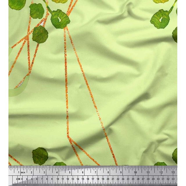 Soimoi Green Heavy Satin Fabric Leaves & Ranunculus Floral Printed Fabric 1 Yard 56 Inch Wide