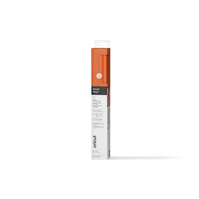 Cricut® Smart Vinyl™ Matless Permanent Vinyl (3 ft), Orange roll in vertical packaging with matte finish, weather- and fade-resistant material designed for use without a machine mat, sized 13 in x 3 ft, ideal for personalized water bottles, outdoor signs, car decals, and often used for custom laptop skins.