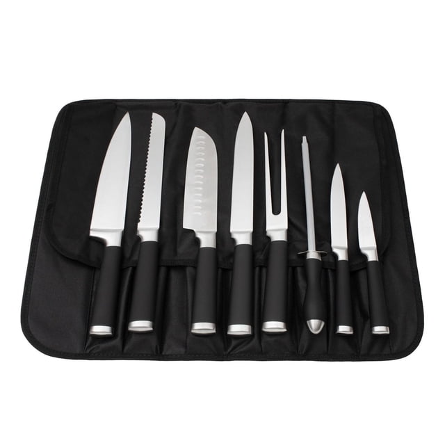 Safdie & Co. Chef'S Knife 9PC Set In Carry Bag with eight stainless steel chef's knives and one sharpening steel, all with black rubber-coated handles, organized in a black carry bag for kitchen cutlery, culinary tasks, and safe transport.