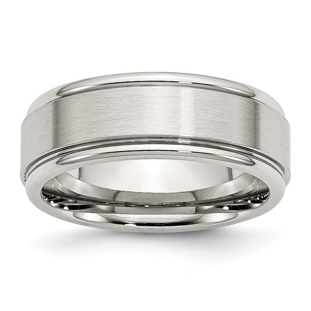 Stainless Steel Ridged Edge 8mm Brushed and Polished Band Ring 13.5 Size