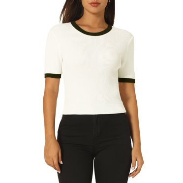 Unique Bargains Haut Ajusté en Tricot pour Femmes Col Rond Contraste Couleur Manches Courtes Pull Blanc 2TG