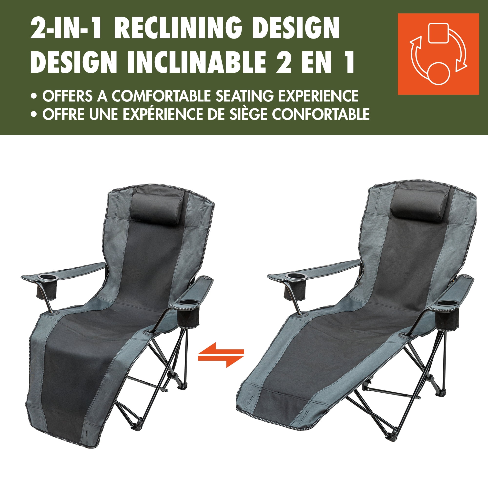 Chaise de détente pliante Ozark Trail, Capacité de charge : 136 kg (300lbs), Polyester 600D, Couleur noire