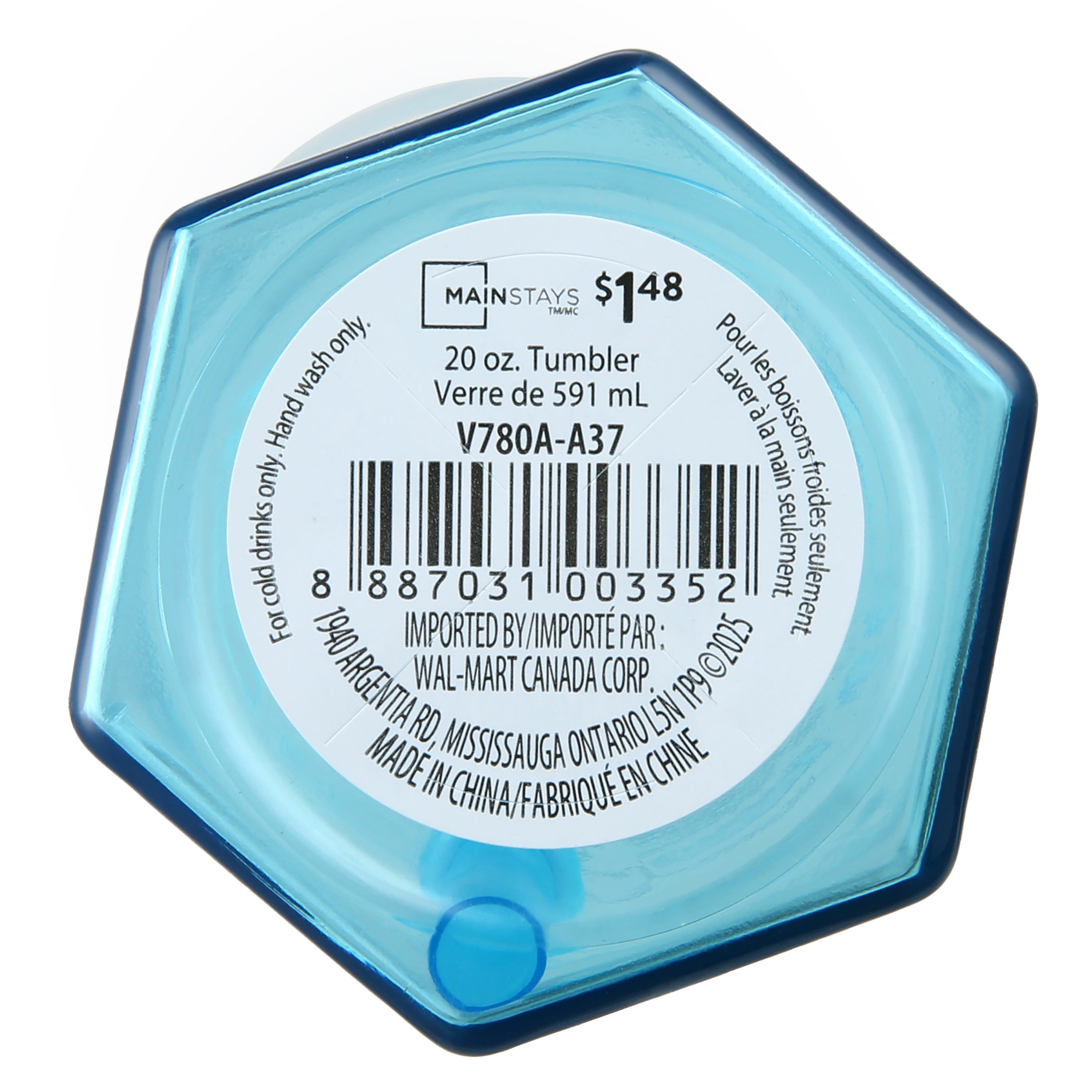 Gobelet en plastique Mainstays de 59 cl avec couvercle à visser et paille bleu