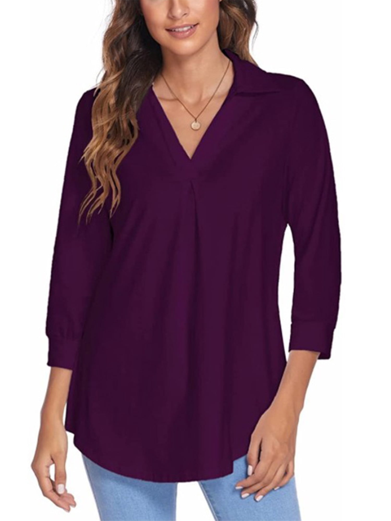 LUXUR Haut Femme Ample Tunique Chandail Manches 3/4 Chemise Col en V Blouse Violet P