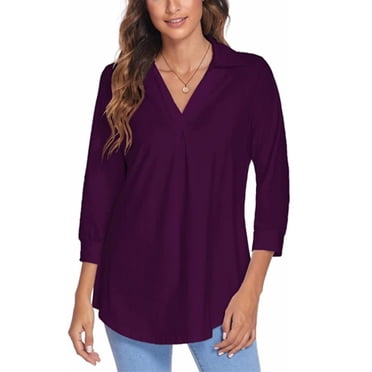 LUXUR Women Top Baggy Loose Tunic Pullover 3/4 Sleeve Shirt V Neck Blouse Purple 2XL