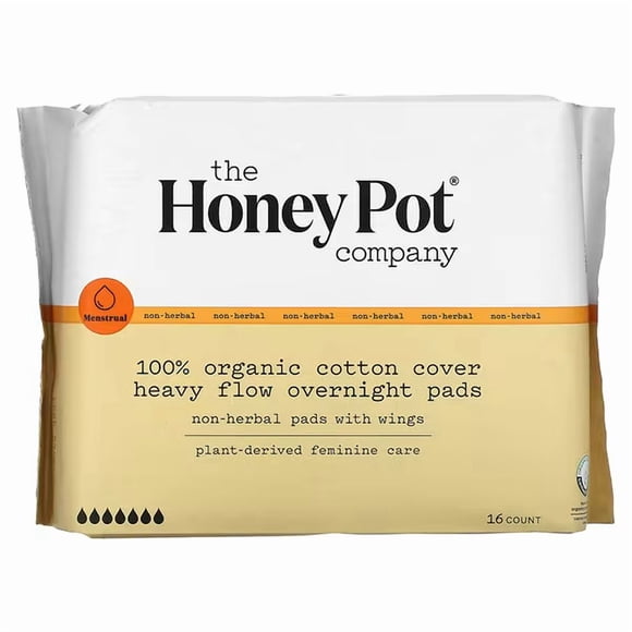 The Honey Pot Company, 100% Organic Cotton Cover Heavy Flow Overnight Pads, 16 Count