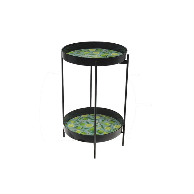 Table d'Appoint Ronde à Deux Niveaux à Motif Lime avec Cadre en Métal Noir et Deux Tablettes Circulaires Présentant un Motif de fruit Lime sur un Fond Vert, Mesurant 13,77 par 13,77 par 17,32 Pouces, Idéale comme console de patio Ou Table d'Accent pour l'Intérieur Ou l'Extérieur.
