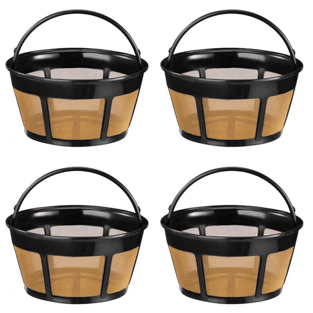 4x Filtre à Café Réutilisable, Filtres à Café pour Panier Filtre à Café de Remplacement pour 8-12 Tasses avec Fond en Maille d'Acier Inoxydable. l'Image Montre Quatre Filtres à Café Réutilisables Noirs avec Côtés en Maille d'Acier Inoxydable et Poignée Pliable pour une Utilisation et un Nettoyage Faciles. Ces Filtres Sont Écologiques, Va au Lave-Vaisselle et Compatibles avec Diverses Cafetières, Y Compris DGB-500, DGB-600 Series, Bonavita, KM785D50, BDC, K-Duo Essentials, et Plus.