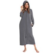 Timegard Bathrobe for Women Hooded Zip up Long Sleeve Robe V Neck Solid Color Casual Loose Long Pajamas with Pockets