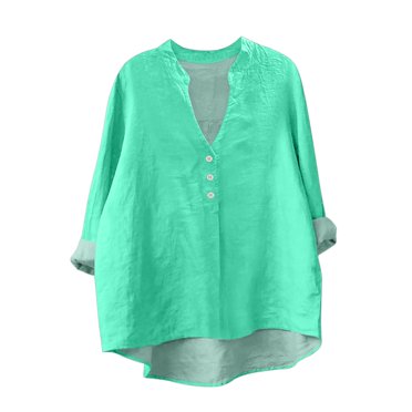 Breezora Trendy Womens Long Sleeve Linen Shirt with V Neck and Pockets Breathable Comfort Casual Blouse L Size Yellow
