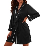 HAiming Women's Satin Robe Silk Long Sleeve Solid Color Short Bathrobe Lightweight Soft Comfort Loungewear with Belted