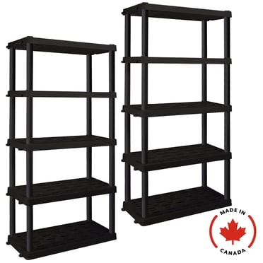 Étagères de rangement en plastique ultra-résistantes pour garage, 5 niveaux, 188 cm (H) x 4,5 m (P) x 91 cm (L), lot de 2, noir, capacité de 340 kg (750 lb).