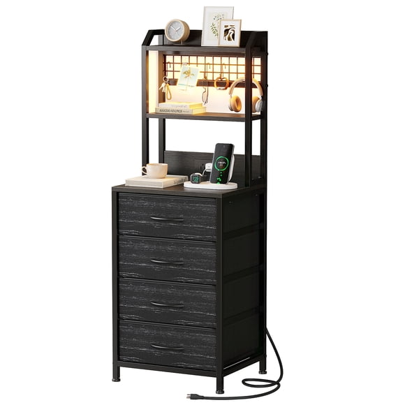 Kousei Nightstand with Charging Station & LED Light, 4 Fabric Drawers & 3 Shelves Bedside Table, Modern End Table for Bedroom,Deke Black
