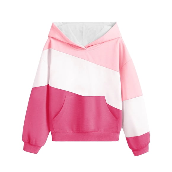 Milgrthf Girl's Long sleeves Color Block Hoodie Tops Cute Casual Drawstring Loose Lightweight Tunic Pullover Sweatshirts Hot Pink 140