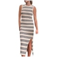 thumbnail image 1 of Pisexur Robes pour Femmes Mode Tricot Coton Lin Robes Respirantes Sans Manches Col Rond Robe Maxi Vintage à Rayures Fendue Robes Débardeur Été Décontracté Ajusté Élégant Robe Longue, 1 of 8