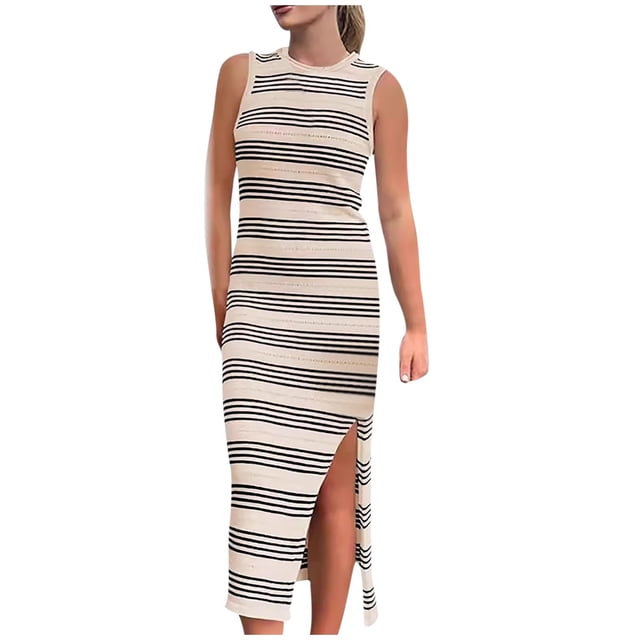 Pisexur Robes pour Femmes Mode Tricot Coton Lin Robes Respirantes Sans Manches Col Rond Robe Maxi Vintage à Rayures Fendue Robes Débardeur Été Décontracté Ajusté Élégant Robe Longue