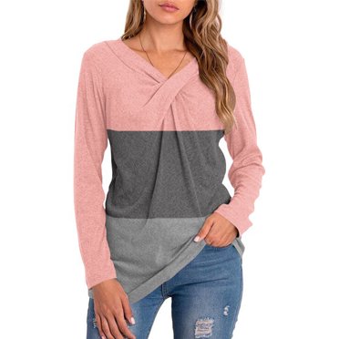 T-Shirt pour Femme à Col en V à Blocs de Couleur 5 2 Haut à Manches Longues Ajusté Blouse Décontractée, Rose, m