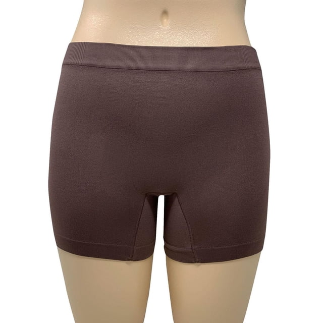 Secret® Smoothing 1pk Mini Length Shorts in brown, front view on mannequin, made from a nylon, cotton, and elastane blend with a wide waistband and mini length for a smoothing, no ride-up fit, suitable for women's athletic shorts and activewear layering.