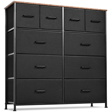SortWise Commode Tour de Rangement à 10 Tiroirs pour Garde-Robe, Meuble Télé avec Dessus en Bois et Cadre en Métal pour Couloir, Entrée, Noir