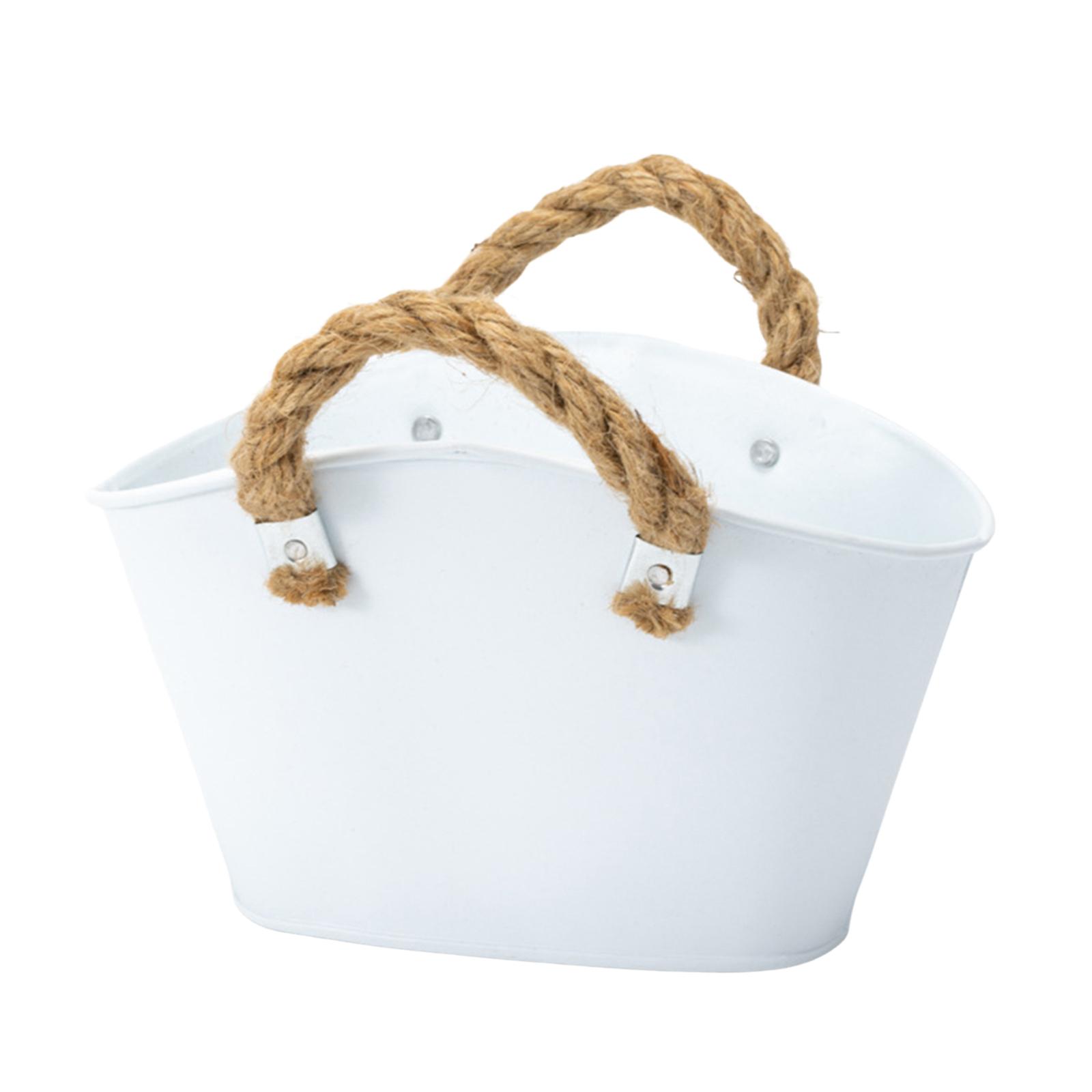 DYNWAVECA Flower Pot Planter Plant Container with Handles Iron Flower Planter Metal Bucket Desktop Storage Barrel for Balconies, Patios White