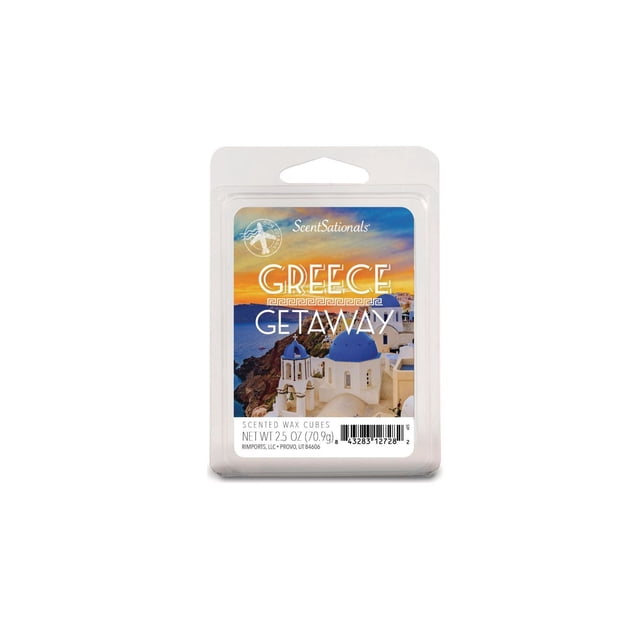 ScentSationals Scented Wax Cubes - Greece Getaway in a clear plastic clamshell package with six white wax cubes, featuring a label with a sunset view of Greek white buildings and blue domes by the sea. These wax melts release a soothing sea breeze scent with seasalt, chamomile, citron, jasmine, and lychee when warmed in an electric wax warmer, ideal for home fragrance.